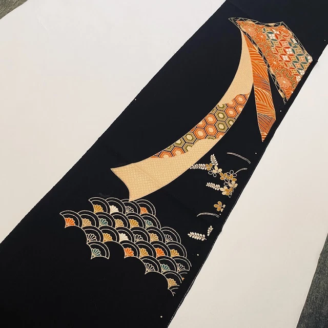 Crane #G 7x39 Hand Painted Vintage Tomesode Black Kimono Silk ToD84