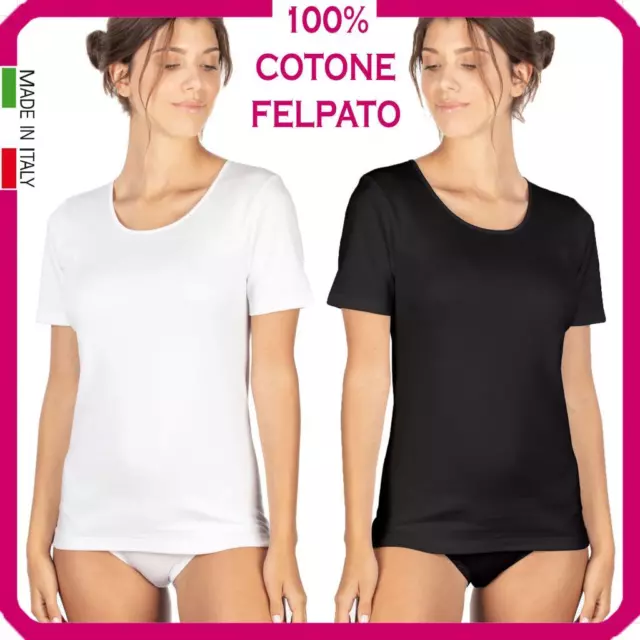 Maglia intima donna COTONE FELPATO caldo t-shirt termica invernale manica corta