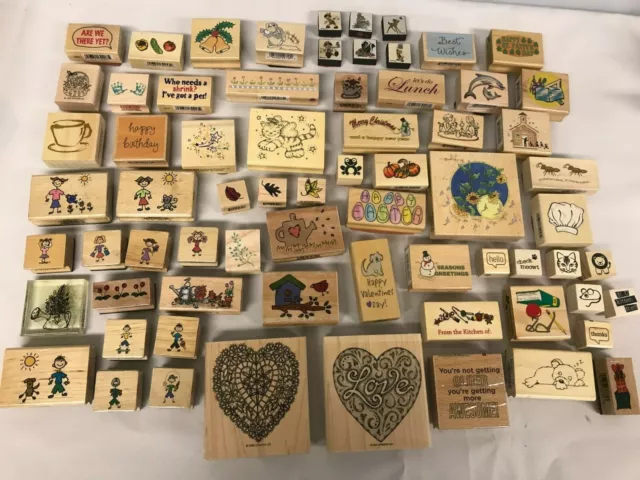 Large Lot 68 Vintage Wood Craft Rubber Stamps ~ Great Assortment!