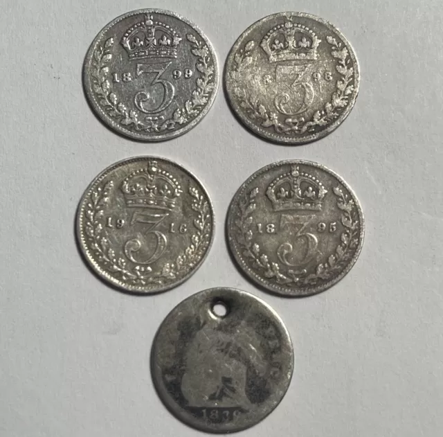 British Silver Three & Four Pence Lot Of 5 1839, 1895, 1896, 1899 & 1916 .925 B2