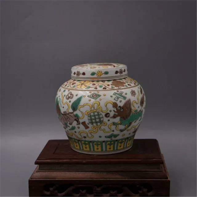 Chinese Porcelain Ming Chenghua Multicolored Gilding Lion Tea Caddies 5.9 Inch