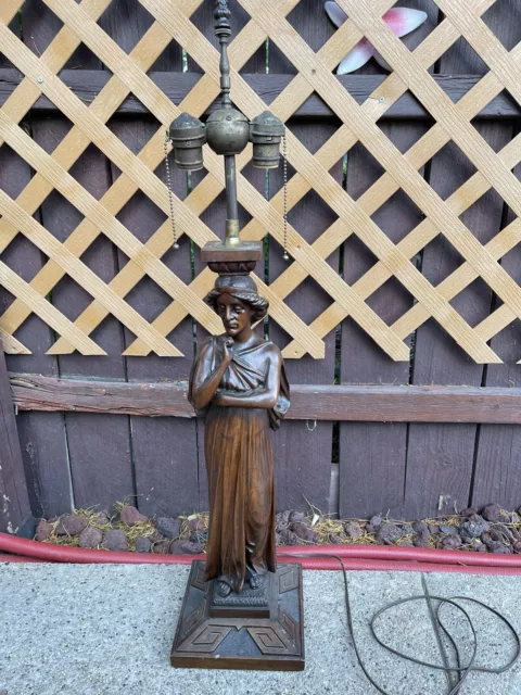 Vintage Art Deco hand carved Mahogany wood lady statue Benjamin Socket Lamp