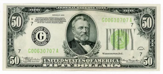 $50 1934 FRN Light Green Seal Federal Reserve Note FR.2102-G AU UNC