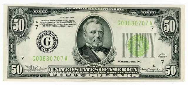 $50 1934 FRN Light Green Seal Federal Reserve Note FR.2102-G AU UNC