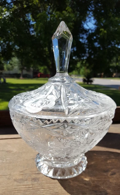 Antique ABP Brilliant Period Rose pattern sawtooth edge Glass Bowl, lid