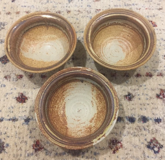 Three Handmade Wheel Thrown Vintage Pottery Bowls