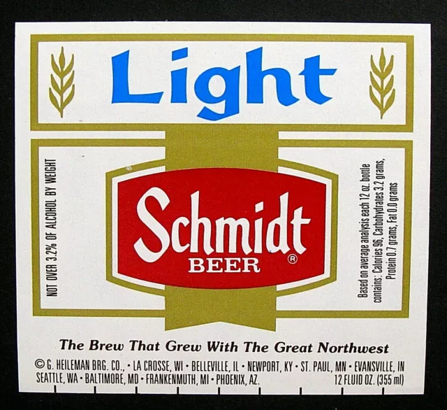 G Heileman Brewing Co.LIGHT SCHMIDT BEER  label WI 12oz Max 3.2% ABW