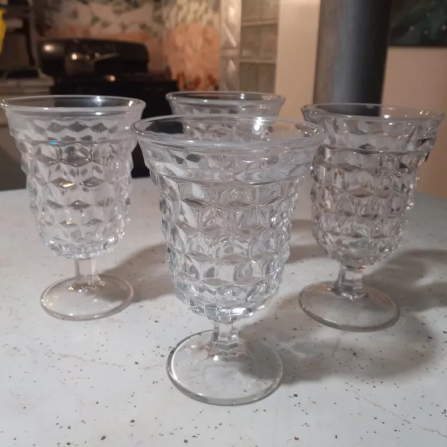 LOOK! Set of 4,  FOSTORIA GLASS AMERICAN 5 OZ FOOTED TUMBLERS CUBIST PATTERN
