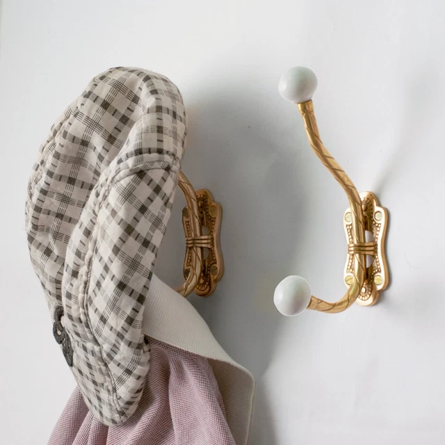 Vintage Brass Coat Hat Hook Double Porcelain Ball Tip | Renovator's Supply