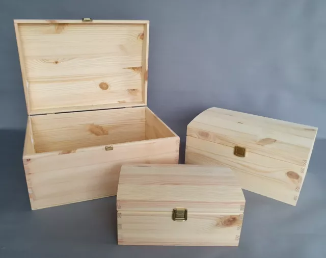 Wooden Chest Plain Wood Treasure Box Craft Trunk Storage Boxes Home DIY Gift Lid