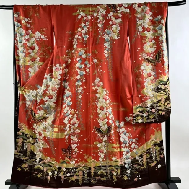 Woman Japanese Kimono Furisode Silk CherryBlossom Butterfly Gold Thread Foil Red