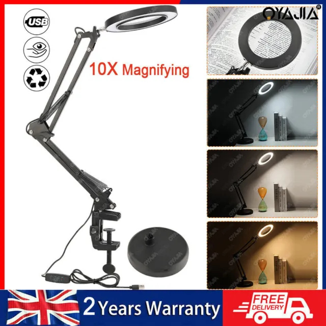 10 X Magnifier Foldable Glass LED Desk Lamp Light Stand Clamp Beauty Magnifying