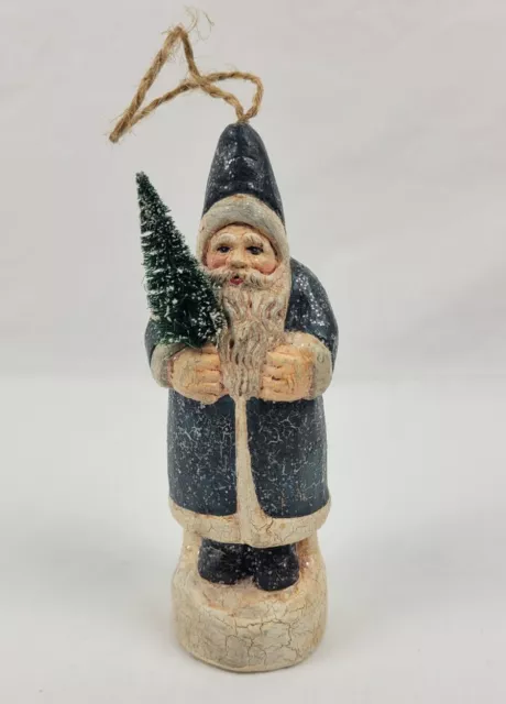 Primitive Style Santa Ornament Figurine Blue Crackle Finish Glitter Old World