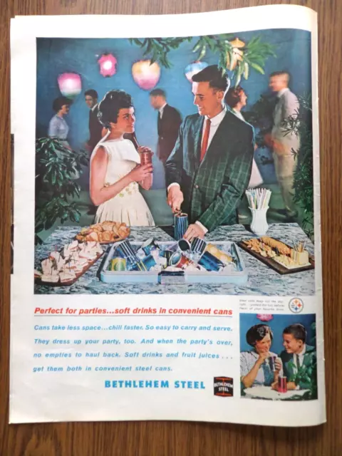 1963 Bethlehem Steel Can Ad   Perfect for Parties Soft Drinks in Convenient Cans