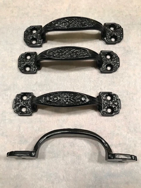 FOUR (4) CAST IRON Ornate BLACK Vintage Style Cabinet Drawer Handles Pulls