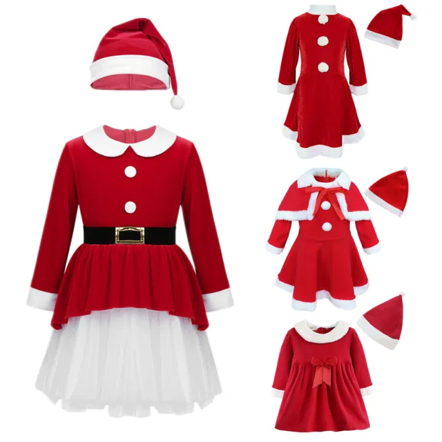 Girls Miss Santa Costume Kid Christmas Fancy Dress with Hat Outfit Xmas Children