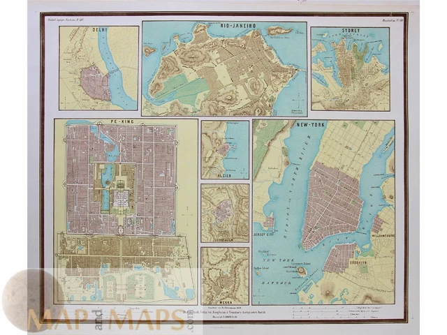 World Town Plans New York, Peking, Sydney, Jerusalem. Bauerkeller 1858