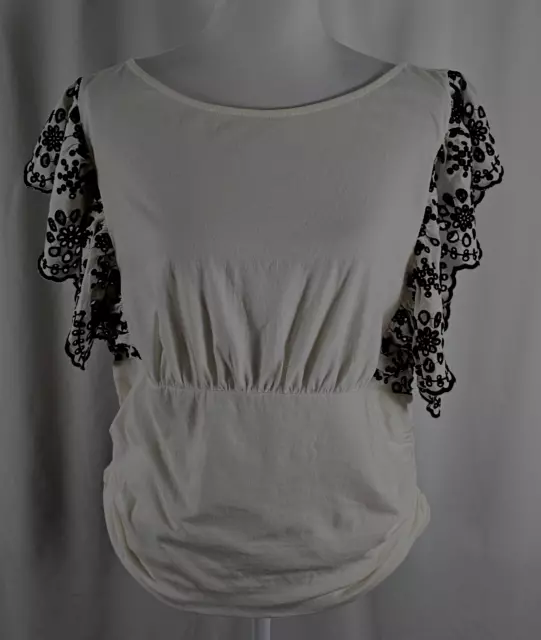 New Express Womens Pullover Top Ivory Black Embroidery Cap Sleeves XL