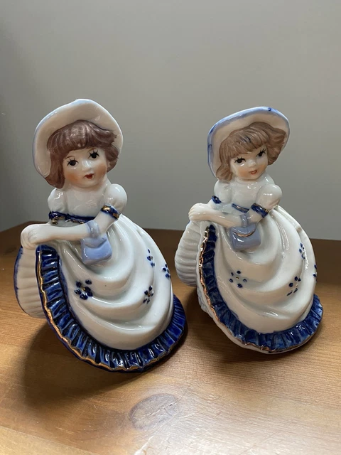 Vintage Porcelain Ceramics Southern Belle Figurine Blue & White Bell. Set Of Two