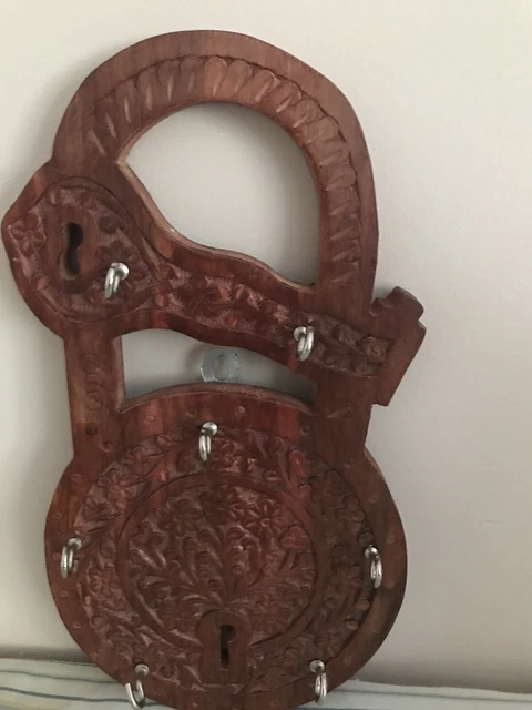 Vintage Hand Carved Wooden Key Holder Wall Hanger Home Décor Folk Art