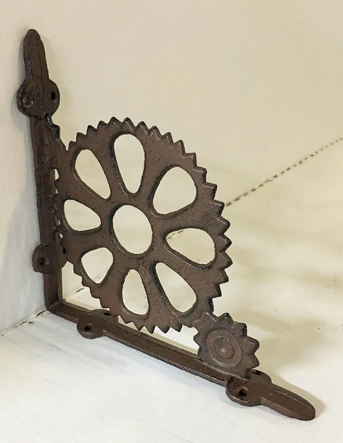 2 pc GEAR STEAMPUNK BRACKET vintage industrial look rustic antique brown patina 4