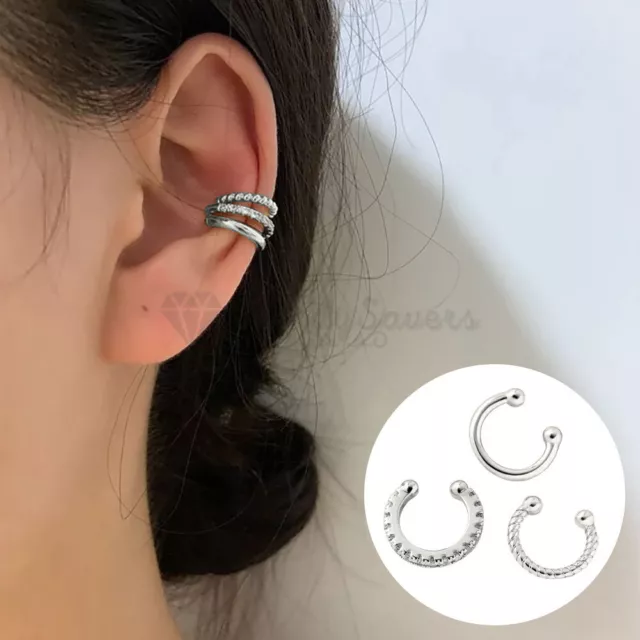Minimalist Silver Ear Cuff 3pcs Set Cartilage Helix Clip On Sterling Silver UK