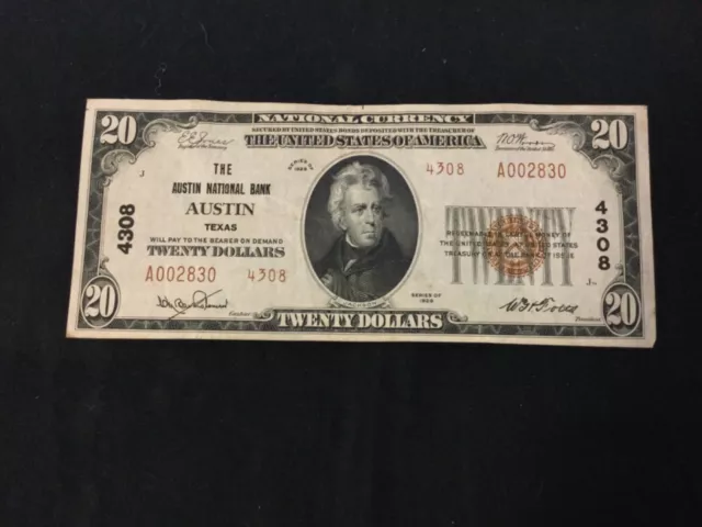 NATIONAL CURRENCY 1929 $20 Dollar Bill Banknote Austin Texas, Type 2, Brown Seal