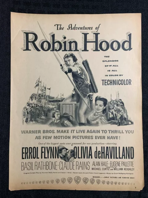 Robin Hood 1948 8,5x11" anuncio impreso de película en muy buen estado + 4,5 Errol Flynn / Olivia de Havilland