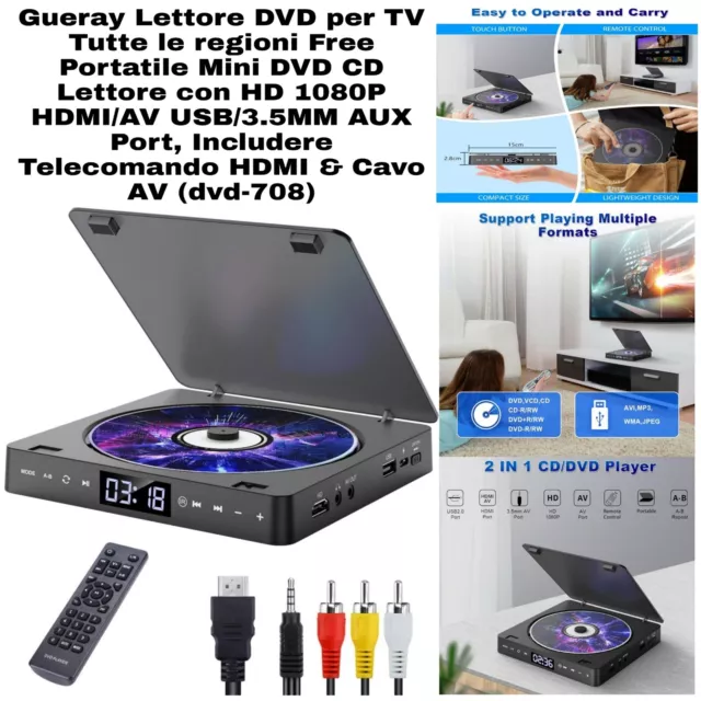 Mini Lettore CD DVD Portatile x TV x Tutte le regioni Free. Con Cavo HDMI e AV