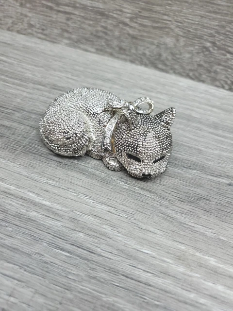 Silver Trinket Box Cat Sleeping Glitter and Sparkly Rhinestone