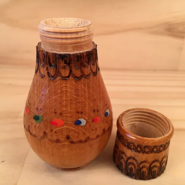 FOLK ART BOTTLE “Brown” Beautiful Carved Wood Salt Shaker Wooden Ornament Flask 3