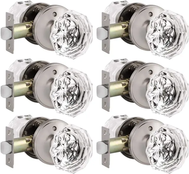 Knobonly Cystal Glass Door Knob 6 Pack, Heavy Duty Satin Nickel Privacy Door Kno