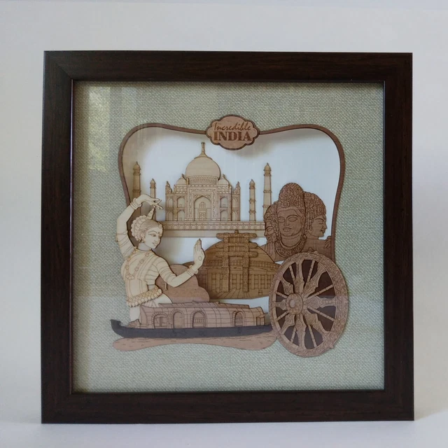 "Incredible India" Glass Framed India Shadowbox Wood Carved Indian Sites 10"×10"