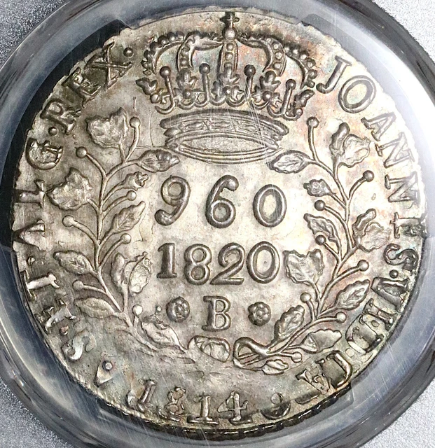 1820-B PCGS MS 63 Brazil 960 Reis Over Struck Peru 1814 8 Reales Coin (21063002D