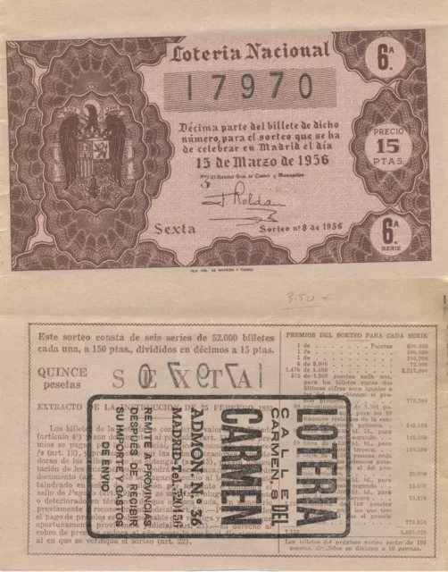 Lotería Nacional. Sorteo Número 8 de 1956. Número 17970.