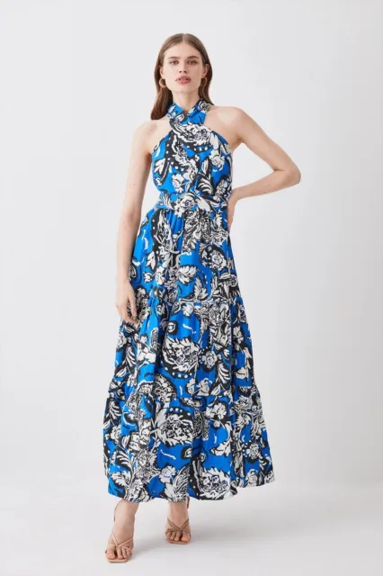 KAREN MILLEN - Batik Viscose Linen Belted Halterneck Midi Dress Size 14