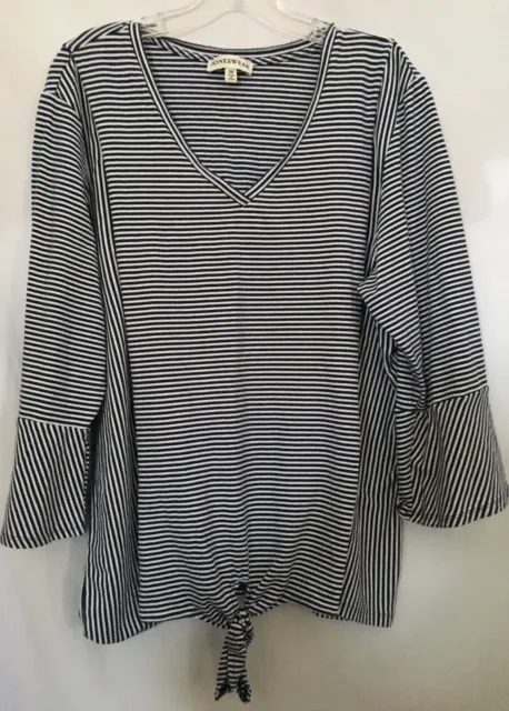 Joneswear 3x Plus Woman’s Blue White Striped Shirt Bell Sleeve Front Knot 24 Top