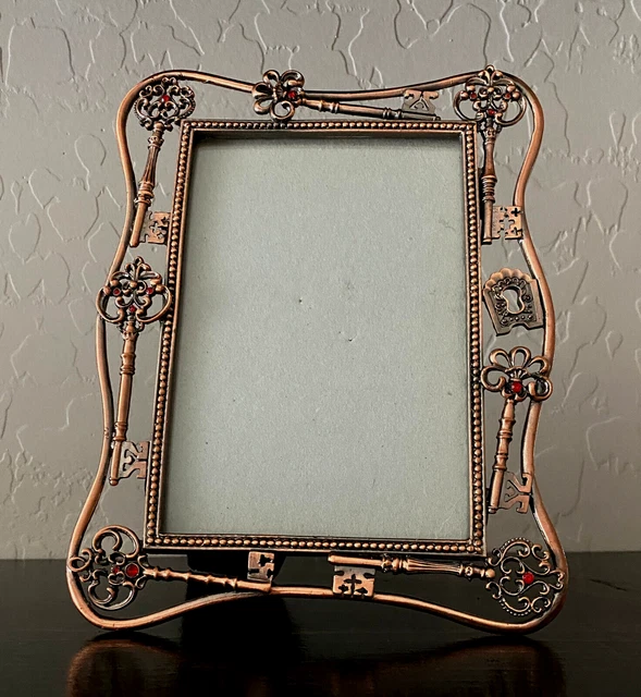 Ornate Copper Tone Metal Red Jeweled Lock & Key Photo Picture Frame 4 x 6"