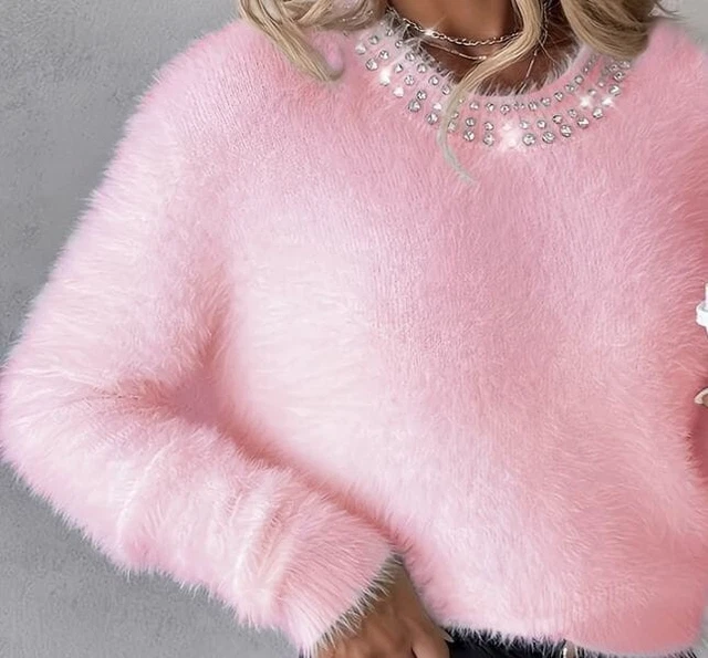 Pull Angora 80% Rose Bleu Noir Paillettes - Taille XL, Fait Main En France