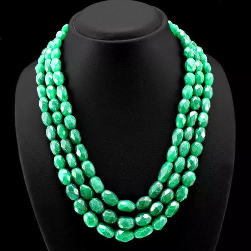 Finest 755.00 Cts Earth Mined 3 Line Green Emerald Oval Cut Beads Necklace (Dg)