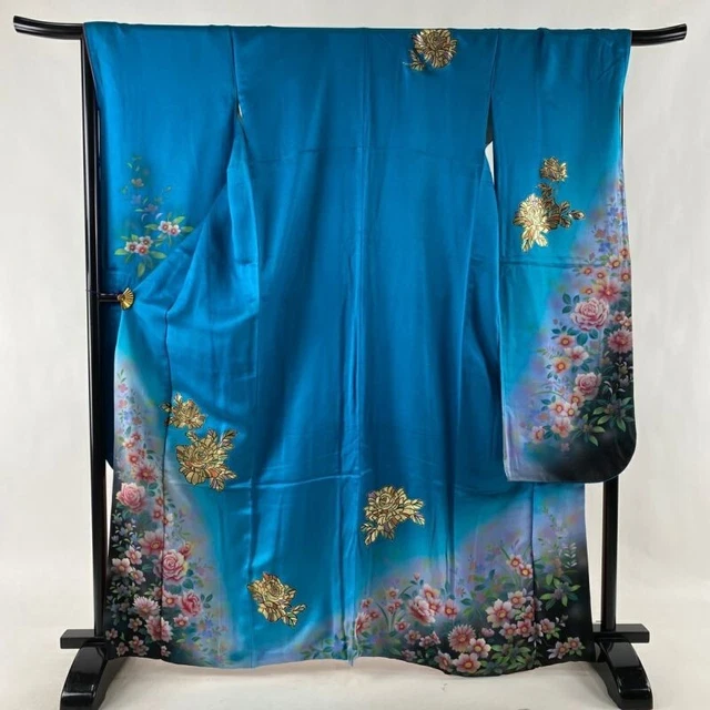 Woman Japanese Kimono Furisode Silk Rose Flower Gold Thread Foil Blue Green