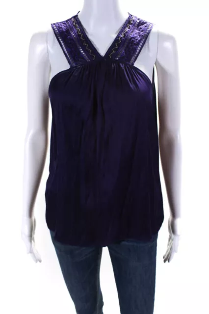 Ramy Brook Womens V-Neck Textured Beaded Sleeveless Tank Blouse Purple Size S