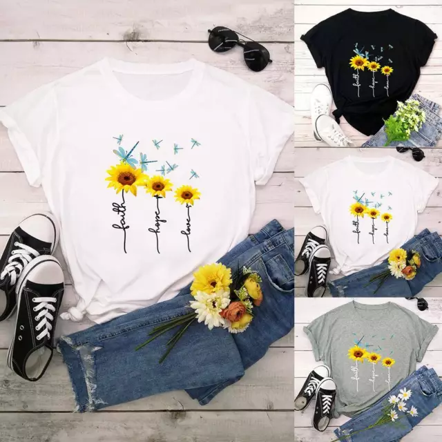 Women Sunflower Print T-Shirt Tops Ladies Round Neck Short Sleeve Cotton Blouse