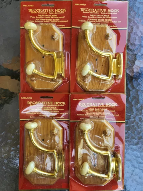 Four (4) Melard Decorative Hooks w/ Solid OAK Plaque BRASS Finish CERAMIC Knobs