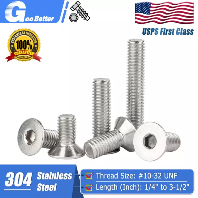 #10-32 UNF Flat Head Socket Cap Allen Screws Stainless Steel L 1/4" to 3-1/2"