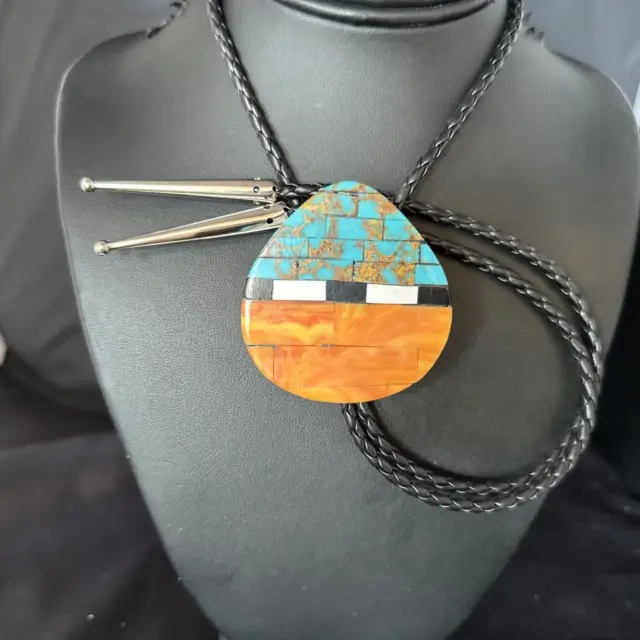 Mens Turquoise & Orange Spiny Oyster Sterling Silver Bolo Tie 14628