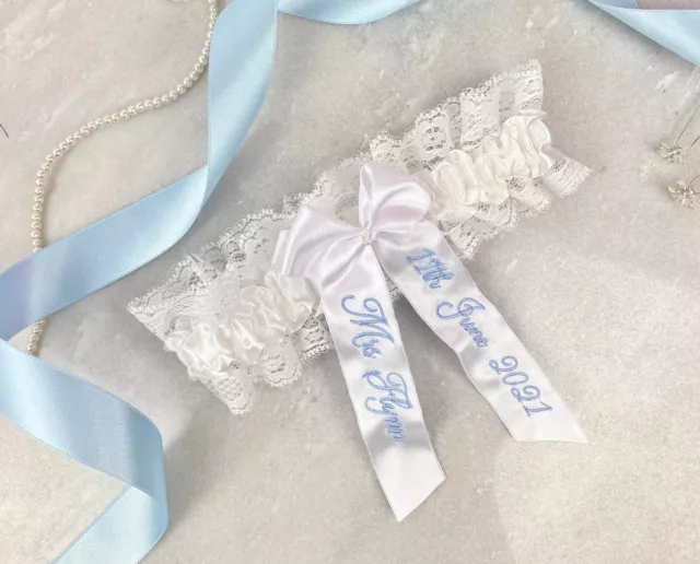 Jarretière de mariée bleu personnalisée brodée mariage en dentelle de cristal 2