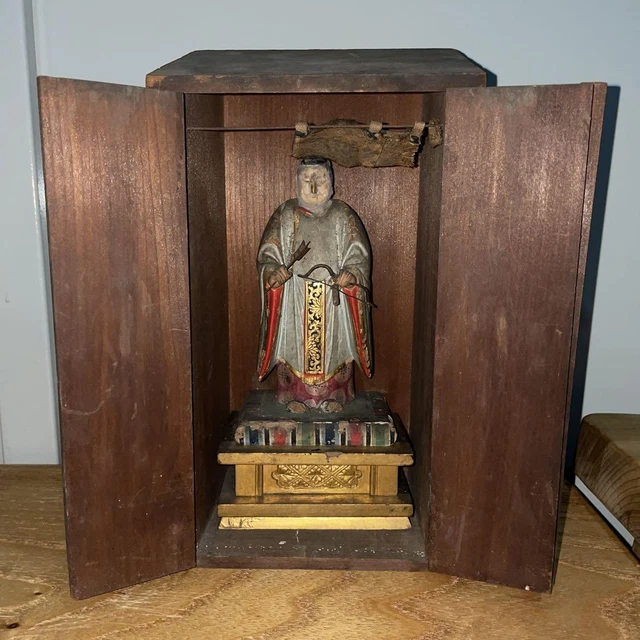 Michizane Sugawara Wood Carving Statue 8.2 inch Antique ZUSHI Box Japanese