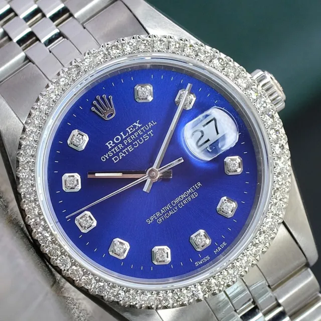 Rolex Mens Datejust  Steel Blue Diamond Dial Diamond Bezel 36Mm Watch 16234
