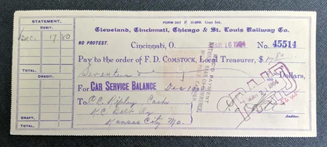 1904 Cleveland Cincinnati Chicago St Louis Railway Railroad Co Check ~ Train